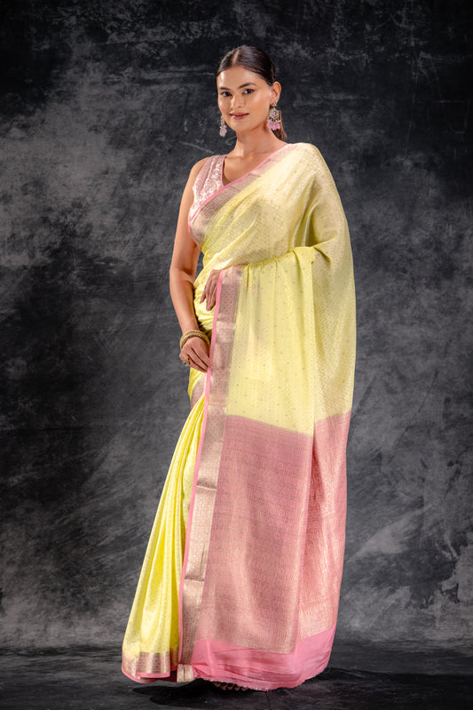 Pistachio Crepe Silk Saree with Buttas and Diamond Weave