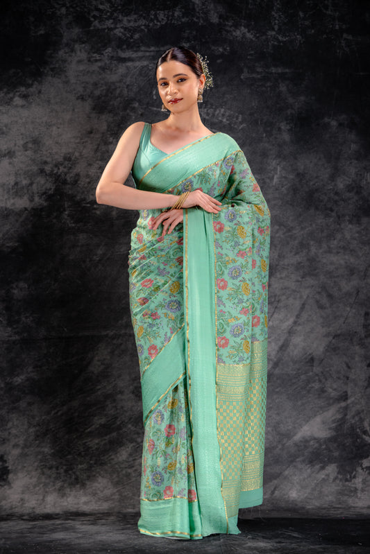 Mint Bloom Crepe Saree with Floral Print and Embossed Border