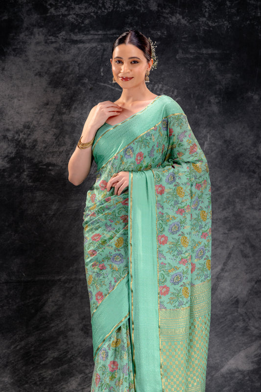 Mint Bloom Crepe Saree with Floral Print and Embossed Border