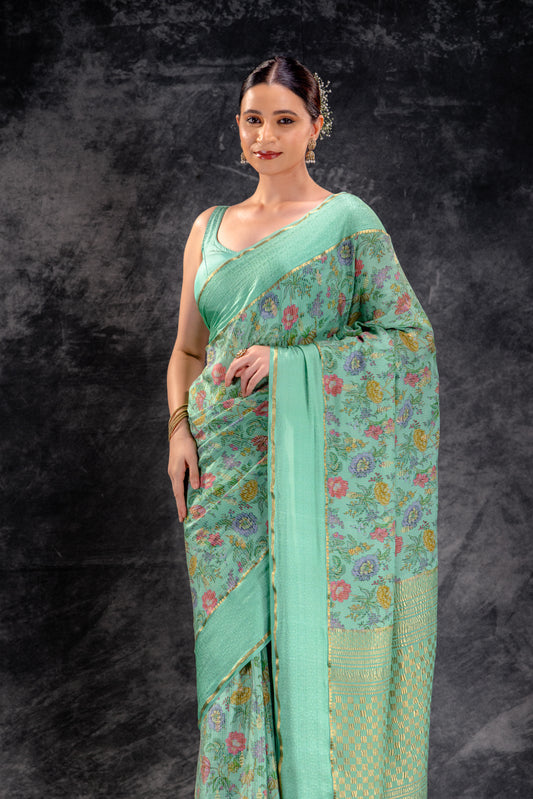 Mint Bloom Crepe Saree with Floral Print and Embossed Border