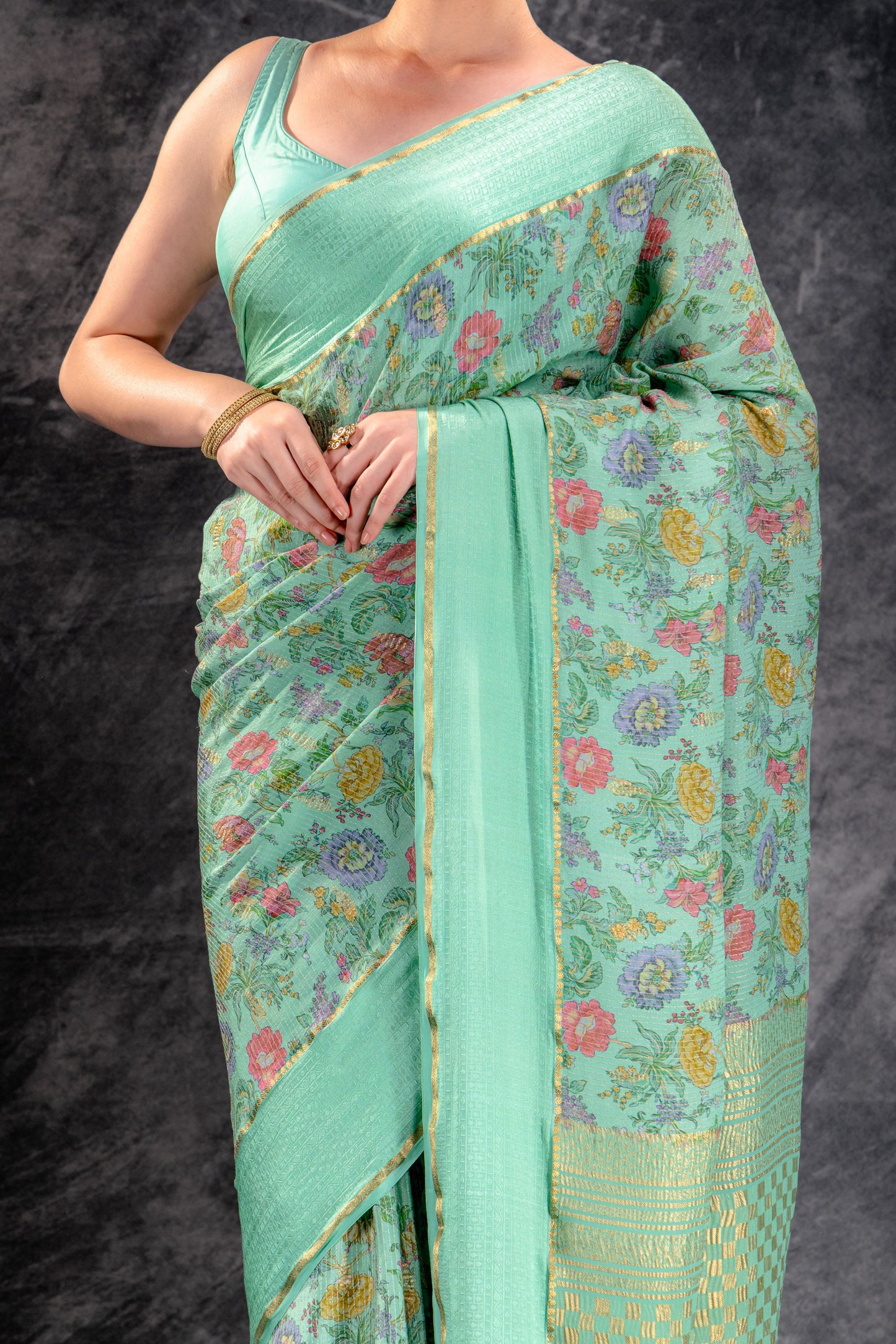 Mint Bloom Crepe Saree with Floral Print and Embossed Border