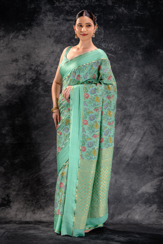 Mint Bloom Crepe Saree with Floral Print and Embossed Border