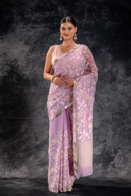 Dusty Lilac Embroidered Chiffon Saree