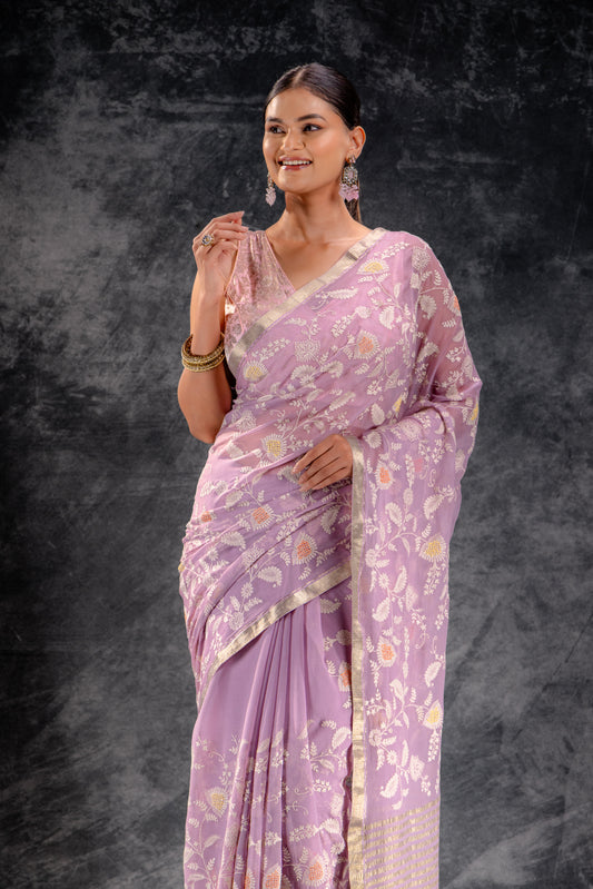 Dusty Lilac Embroidered Chiffon Saree