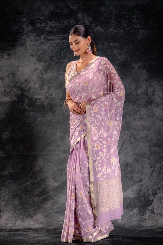 Dusty Lilac Embroidered Chiffon Saree