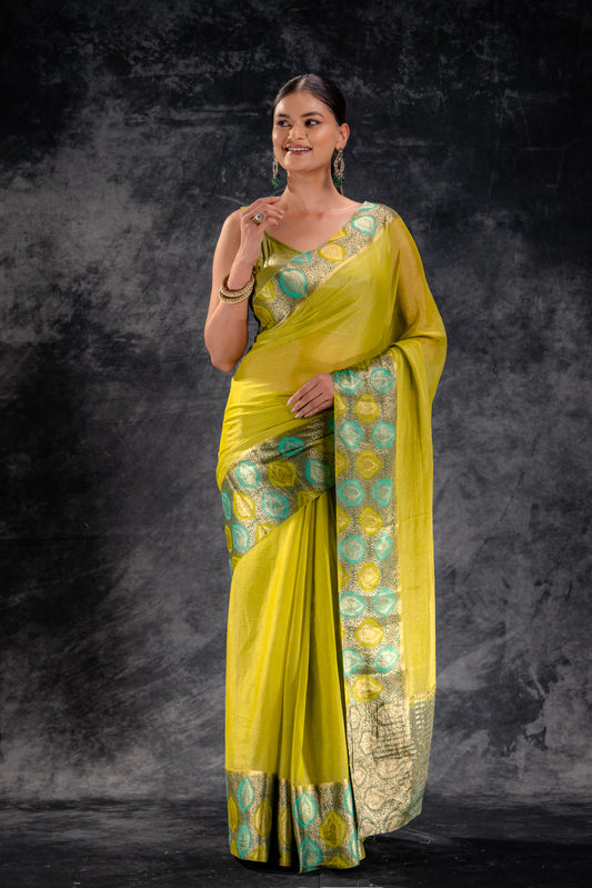 Lime Bloom Tissue Saree with Aqua-Gold Leaf Zari Border