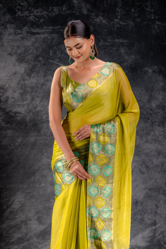 Lime Bloom Tissue Saree with Aqua-Gold Leaf Zari Border