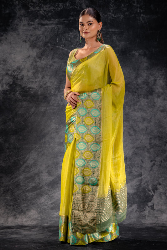Lime Bloom Tissue Saree with Aqua-Gold Leaf Zari Border