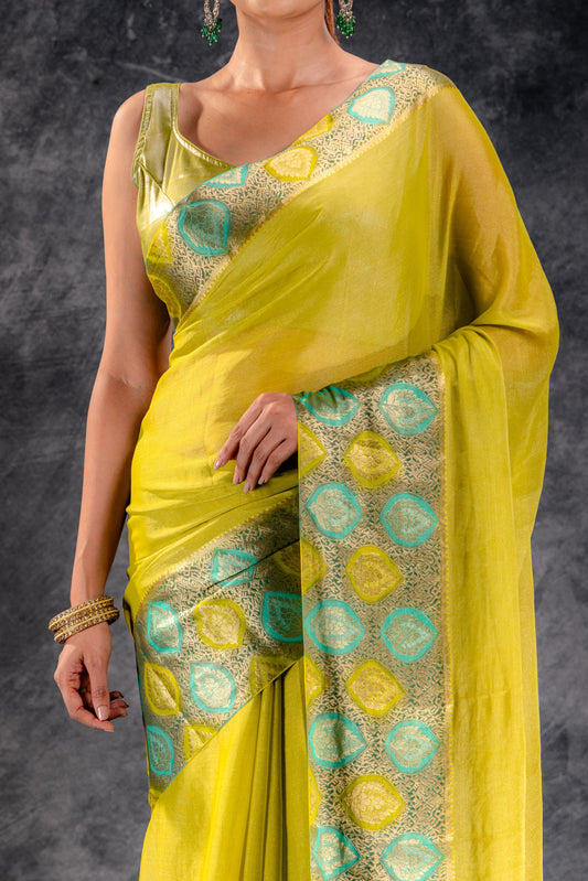 Lime Bloom Tissue Saree with Aqua-Gold Leaf Zari Border
