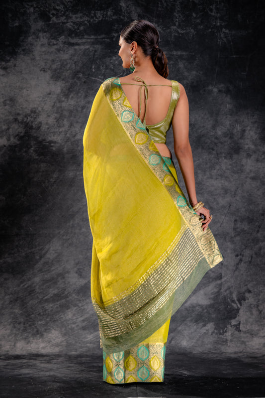 Lime Bloom Tissue Saree with Aqua-Gold Leaf Zari Border