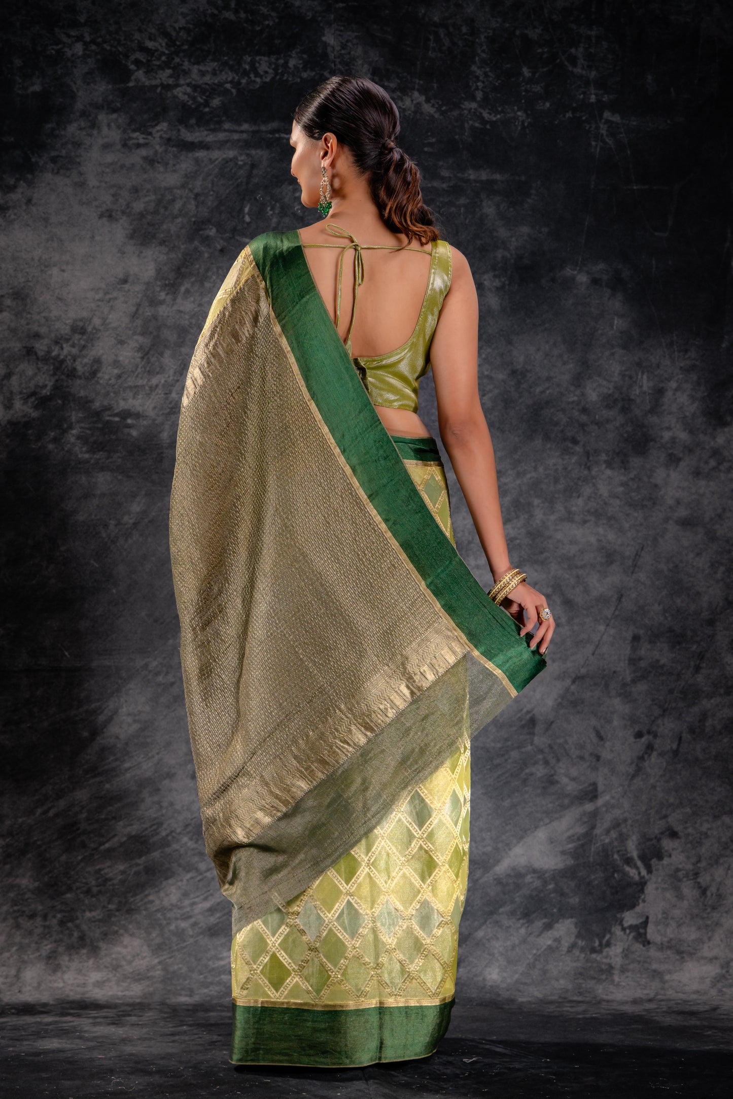 Olive Green Tissue Silk Saree with Diamond Lattice Weave and Tonal Zari Border