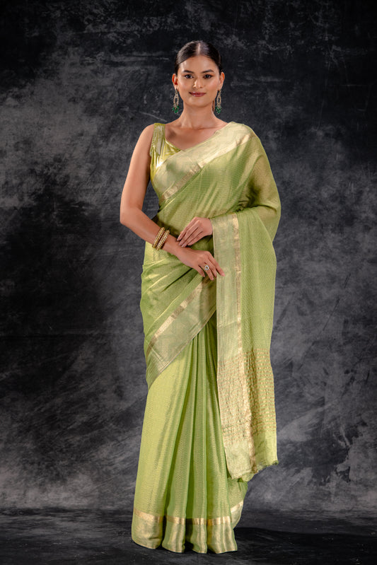 Honeycomb Tissue Saree in Leaf Green with Gold Zari Zigzag Border