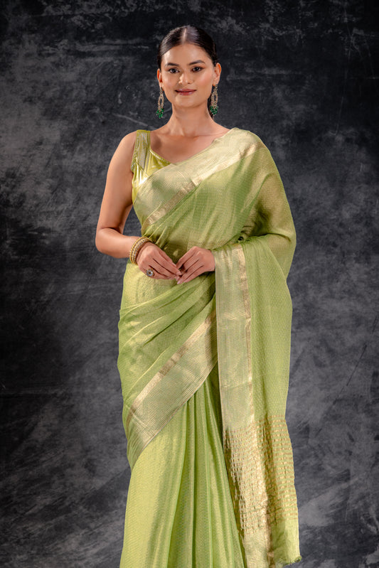 Honeycomb Tissue Saree in Leaf Green with Gold Zari Zigzag Border