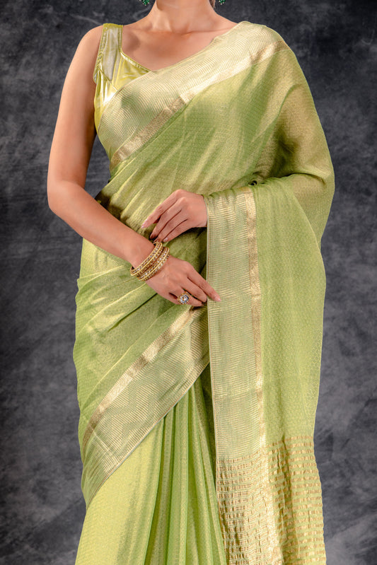 Honeycomb Tissue Saree in Leaf Green with Gold Zari Zigzag Border