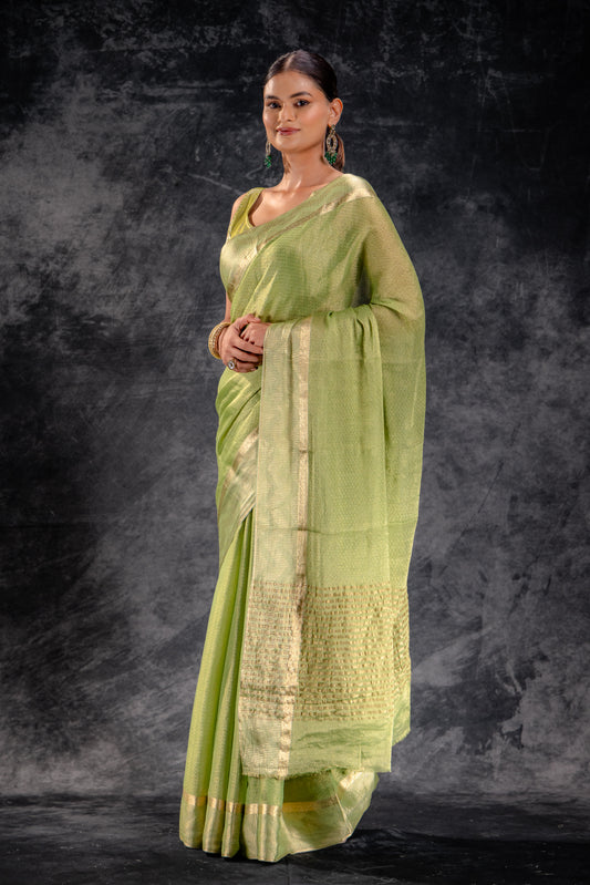 Honeycomb Tissue Saree in Leaf Green with Gold Zari Zigzag Border