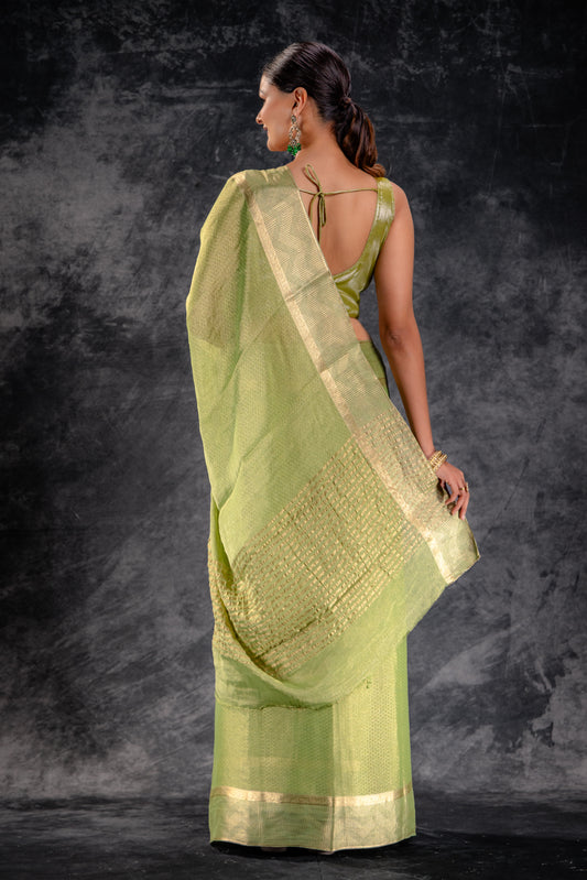 Honeycomb Tissue Saree in Leaf Green with Gold Zari Zigzag Border