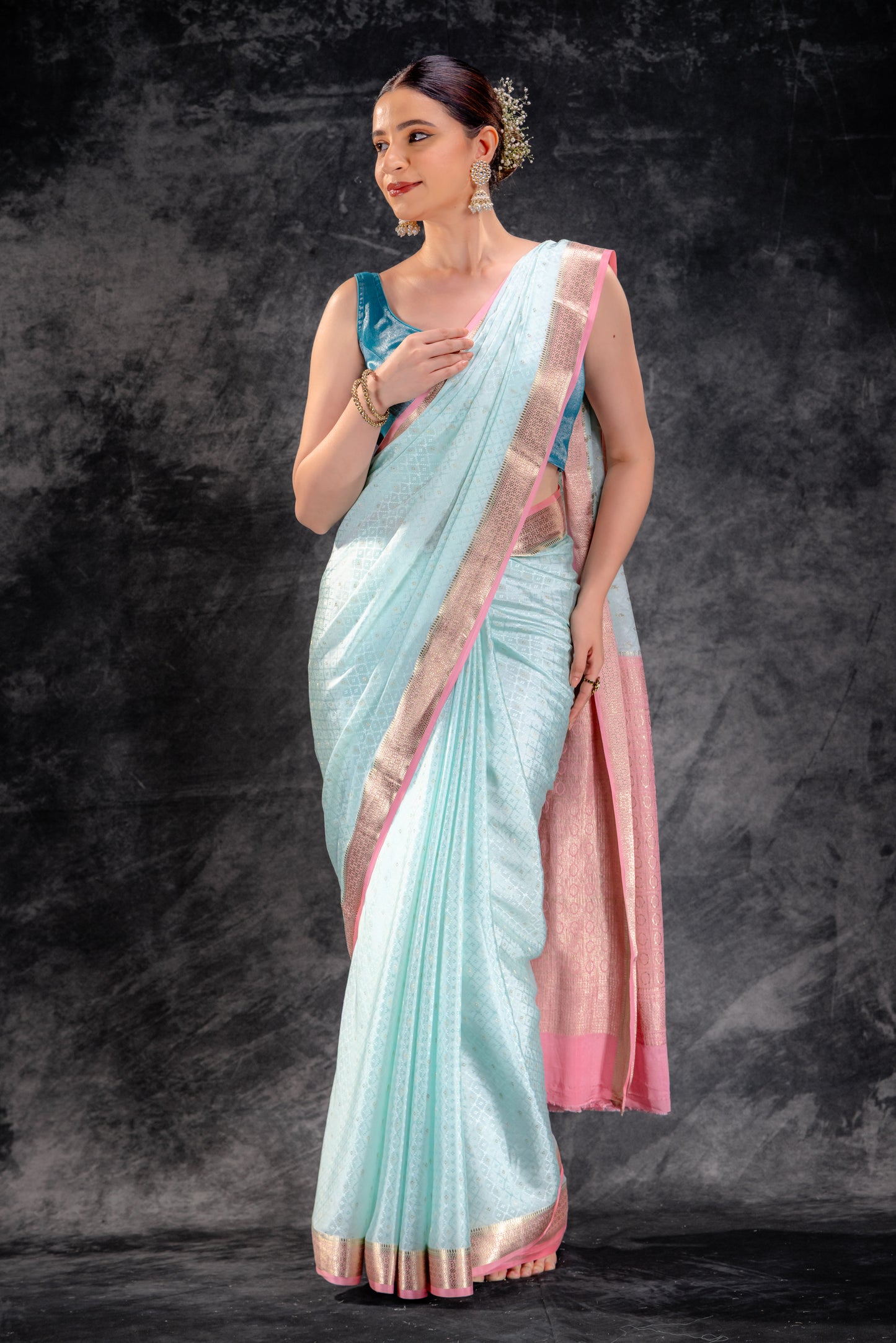 Powder Blue Crepe Silk Saree with Buttas and Diamond Weave