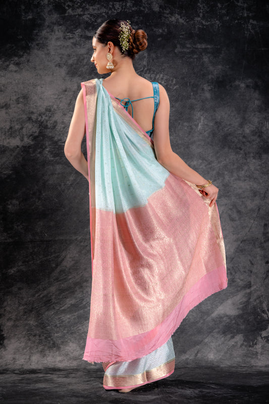 Powder Blue Crepe Silk Saree with Buttas and Diamond Weave