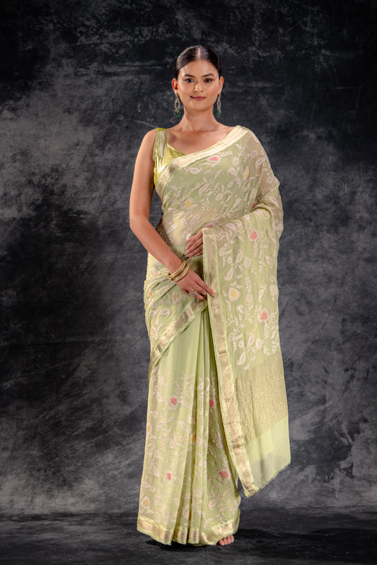 Pistachio Green Embroidered Chiffon Saree