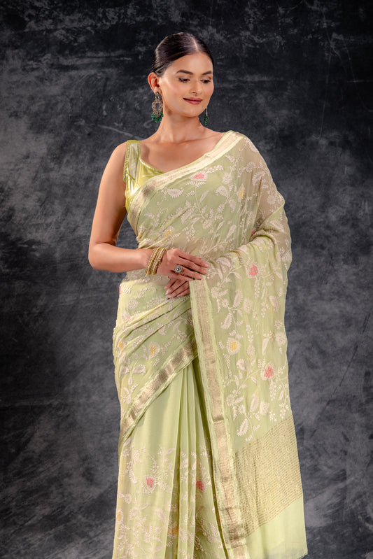 Pistachio Green Embroidered Chiffon Saree