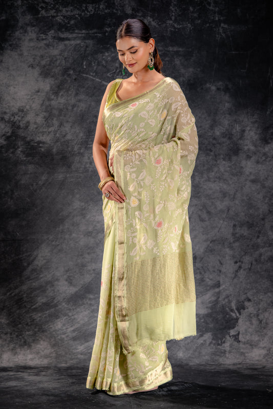 Pistachio Green Embroidered Chiffon Saree