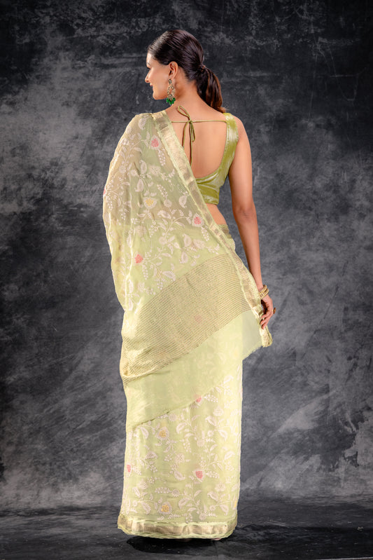 Pistachio Green Embroidered Chiffon Saree