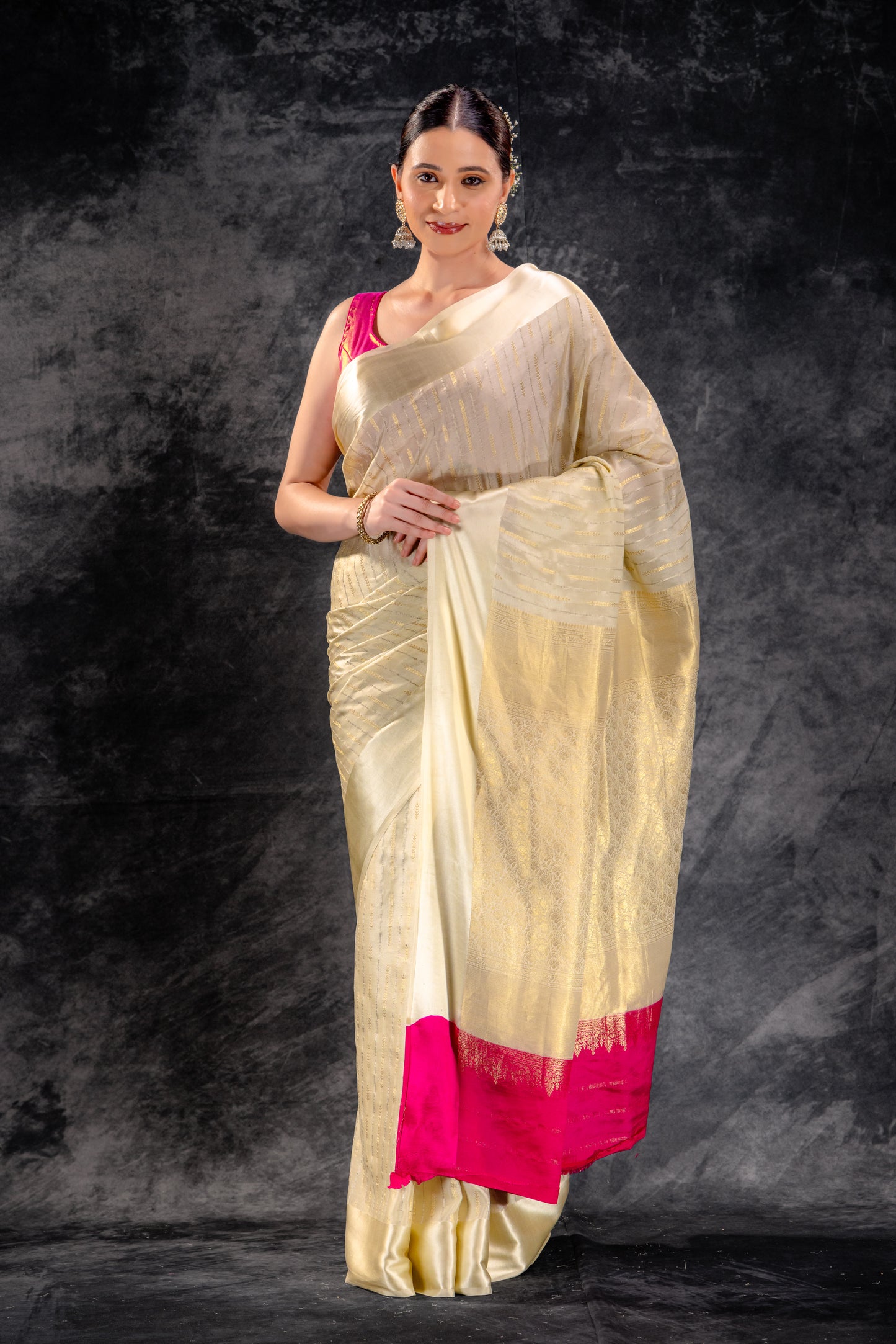 Ivory Trail Crepe Saree with Gold-Silver Zari Arrows and Satin Border