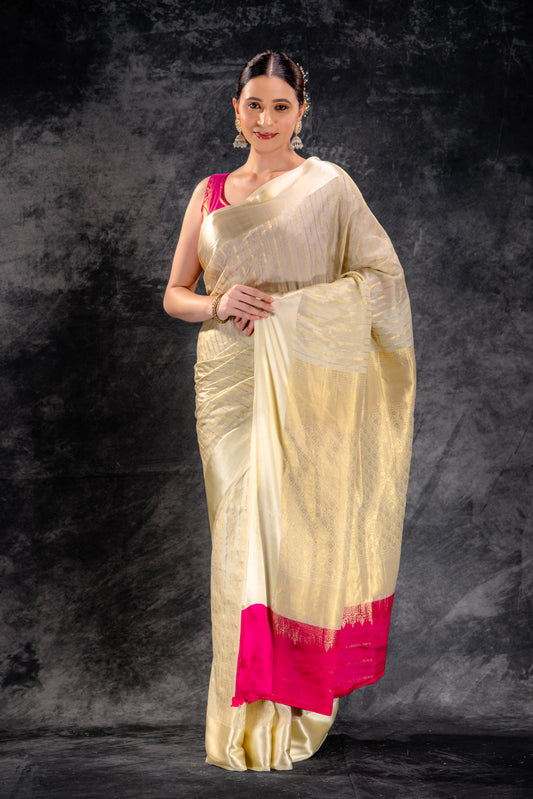 Ivory Trail Crepe Saree with Gold-Silver Zari Arrows and Satin Border