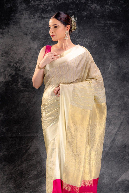 Ivory Trail Crepe Saree with Gold-Silver Zari Arrows and Satin Border