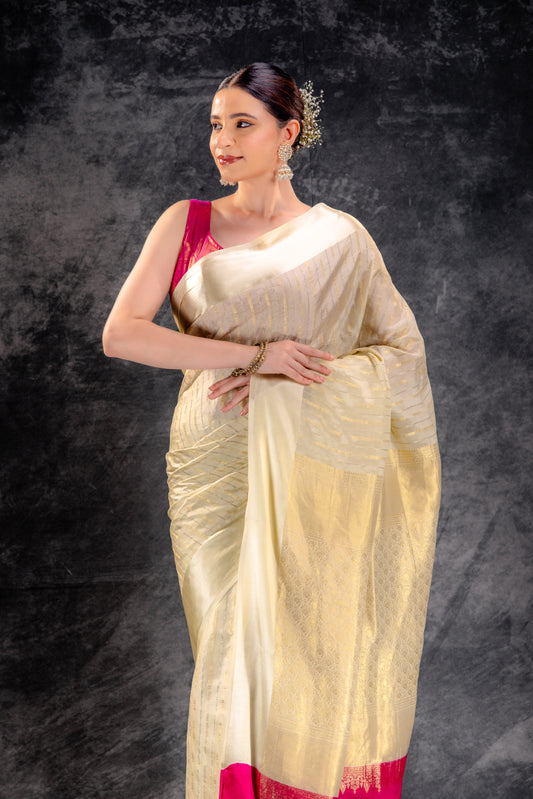 Ivory Trail Crepe Saree with Gold-Silver Zari Arrows and Satin Border