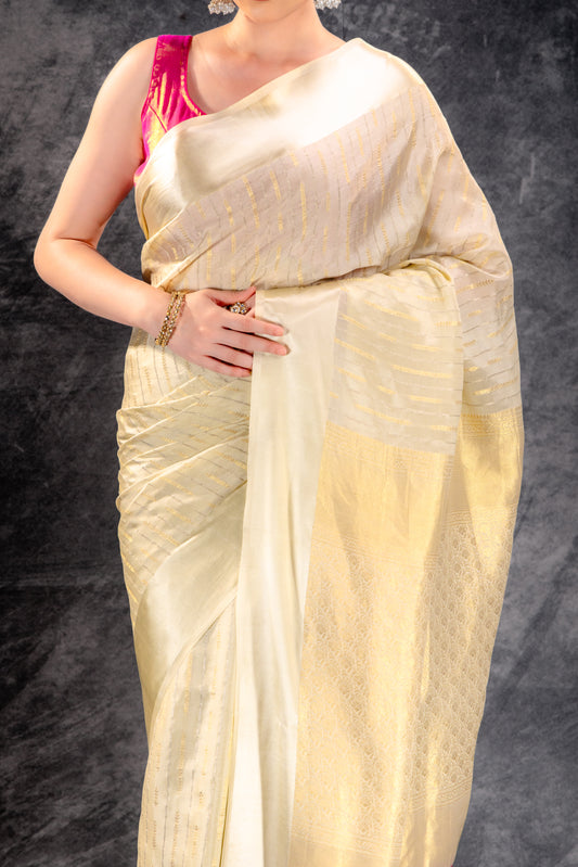 Ivory Trail Crepe Saree with Gold-Silver Zari Arrows and Satin Border