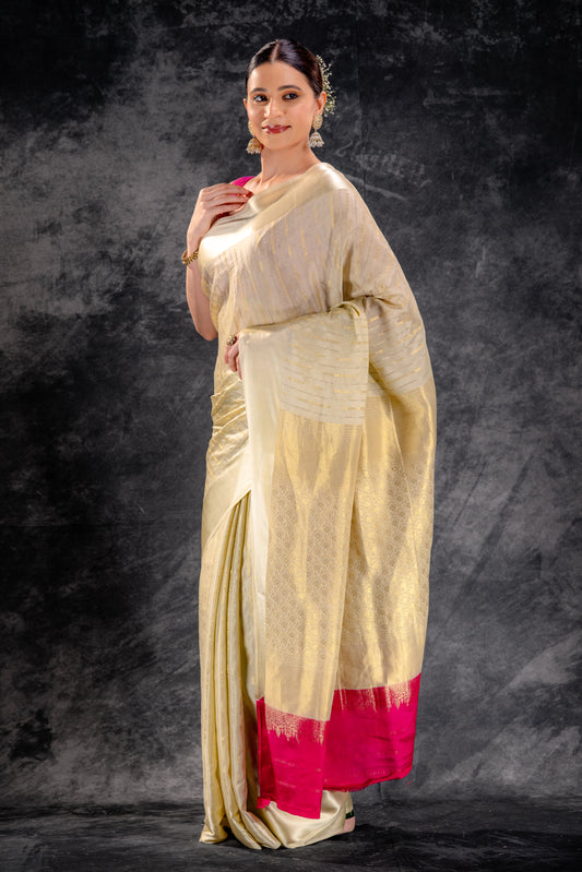 Ivory Trail Crepe Saree with Gold-Silver Zari Arrows and Satin Border