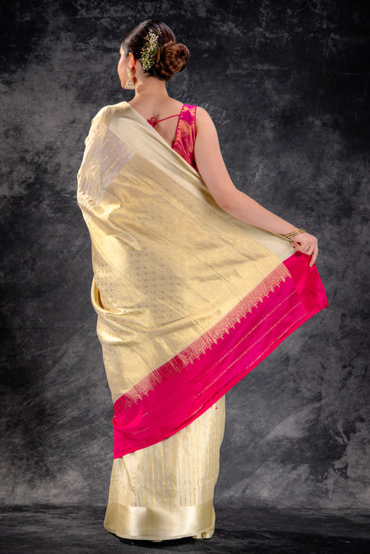 Ivory Trail Crepe Saree with Gold-Silver Zari Arrows and Satin Border