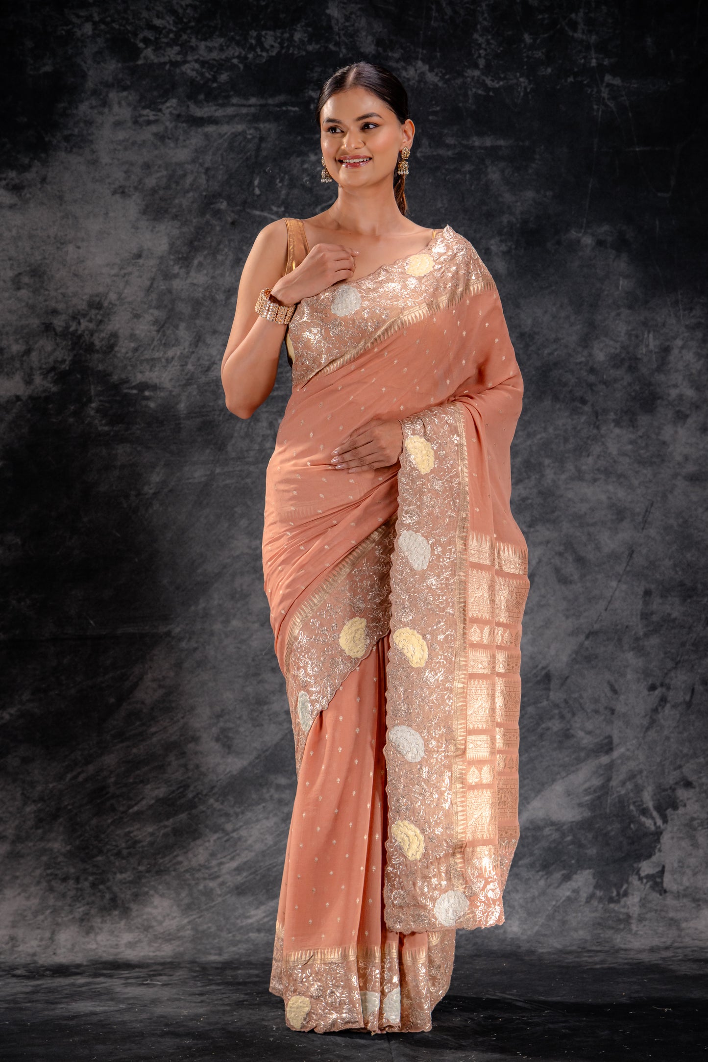 Burnt Rose Georgette Saree with Zari Buttas & Embroidered Border