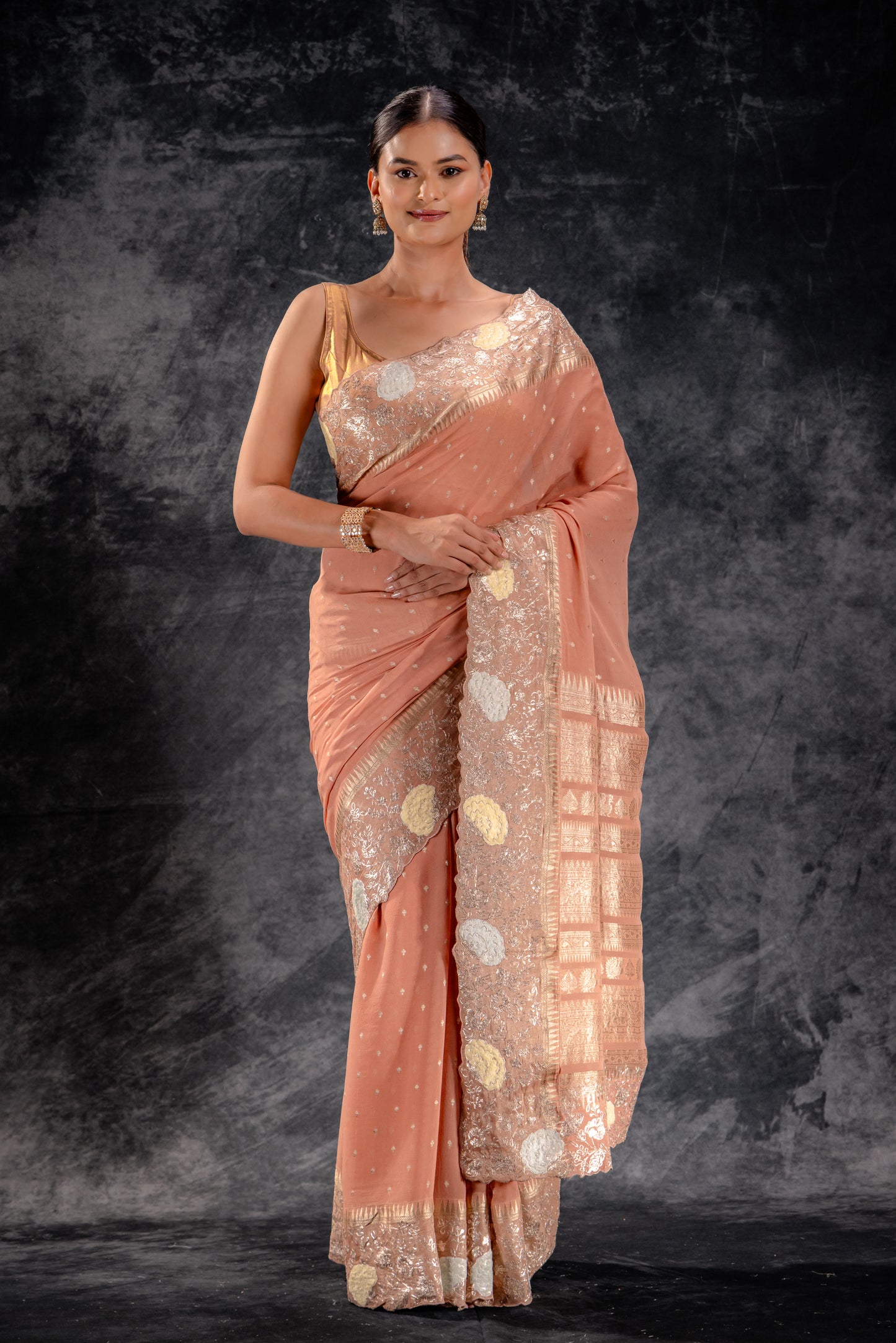 Burnt Rose Georgette Saree with Zari Buttas & Embroidered Border