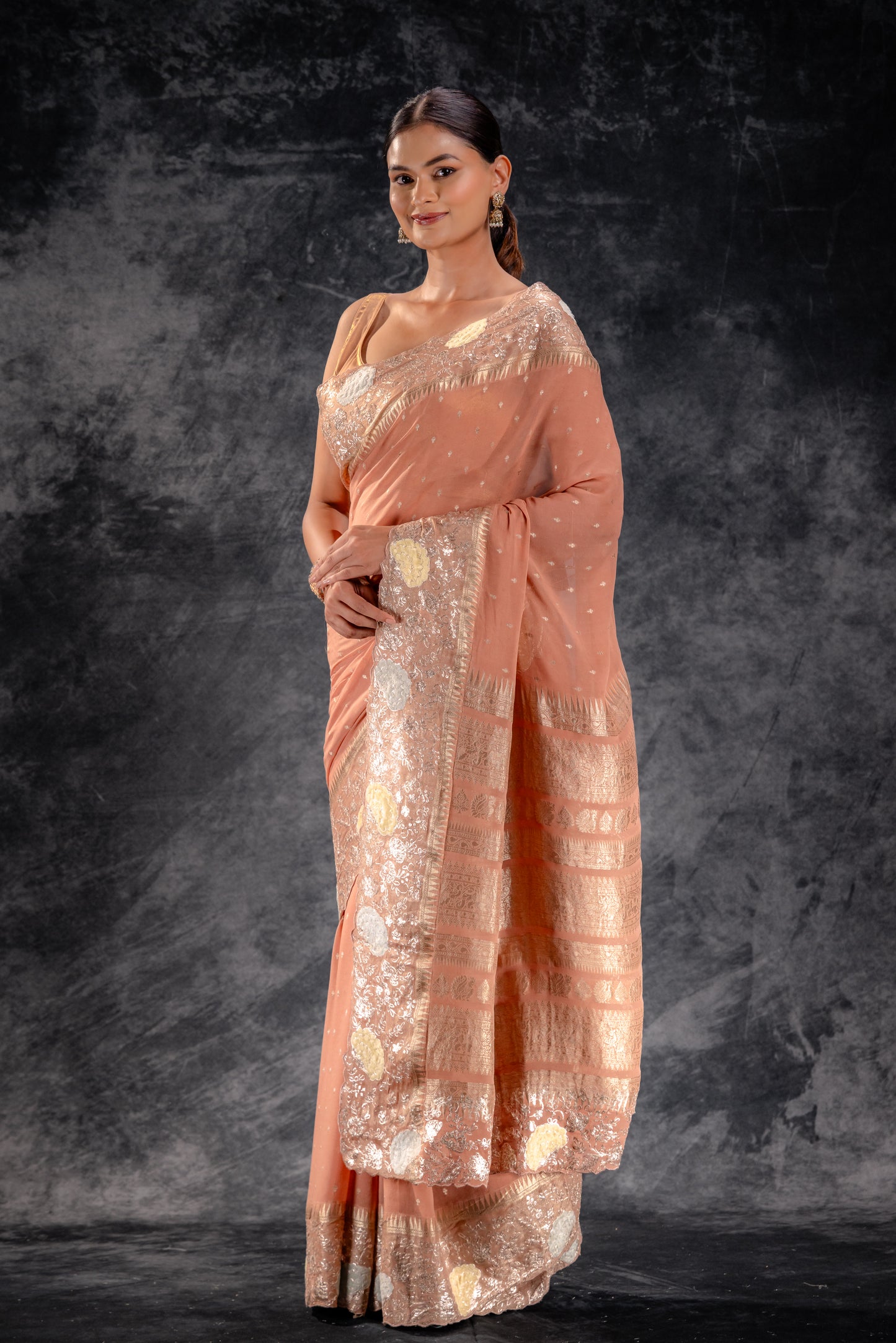 Burnt Rose Georgette Saree with Zari Buttas & Embroidered Border
