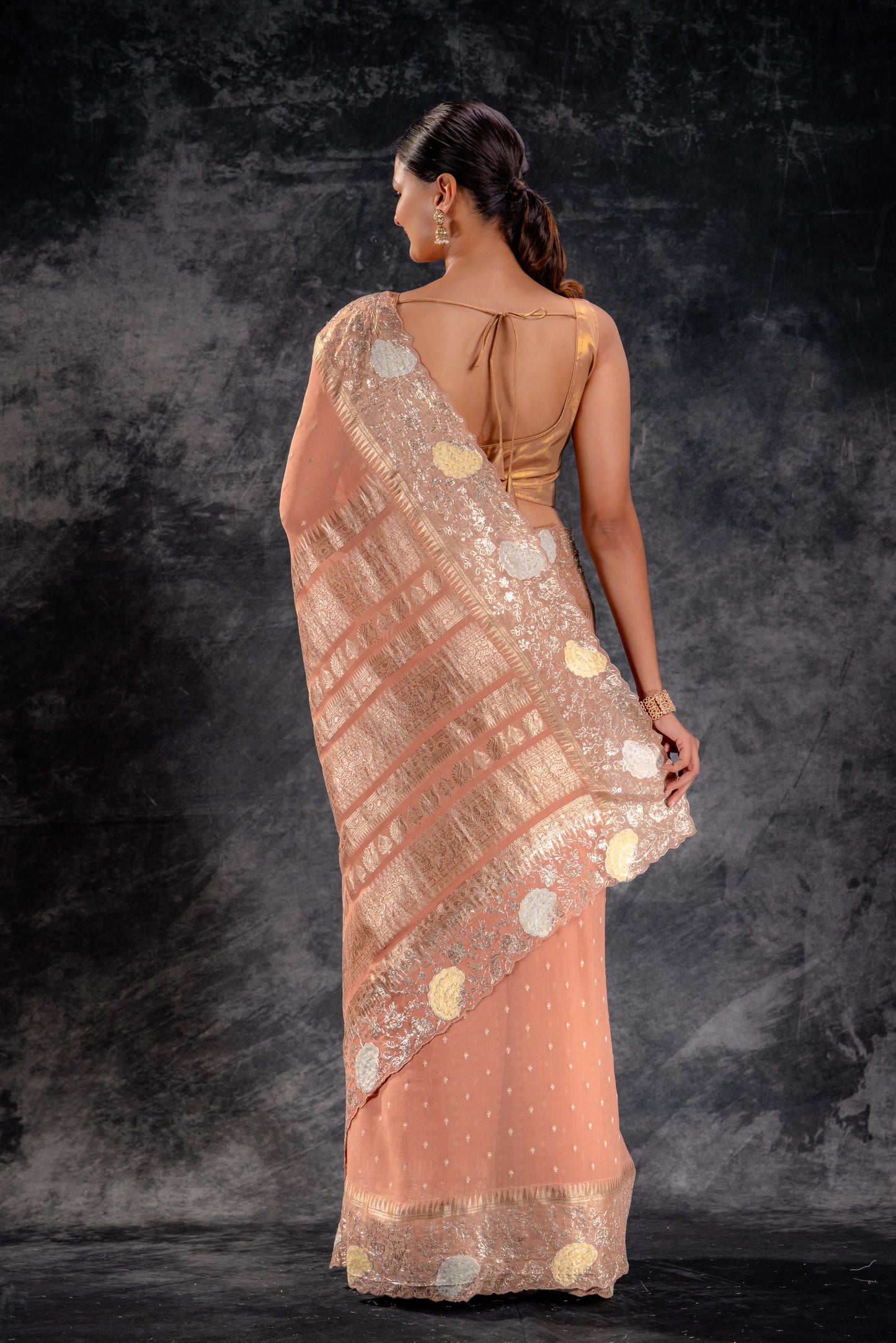 Burnt Rose Georgette Saree with Zari Buttas & Embroidered Border