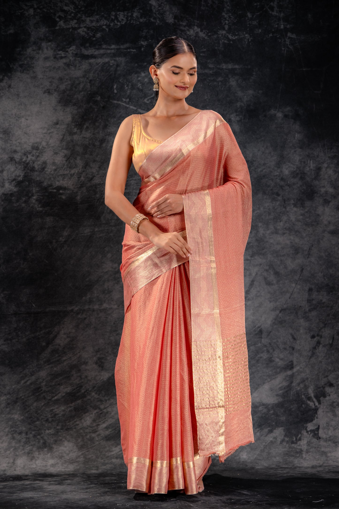 Honeycomb Tissue Saree in Blush Pink with Metallic Zigzag Zari Border