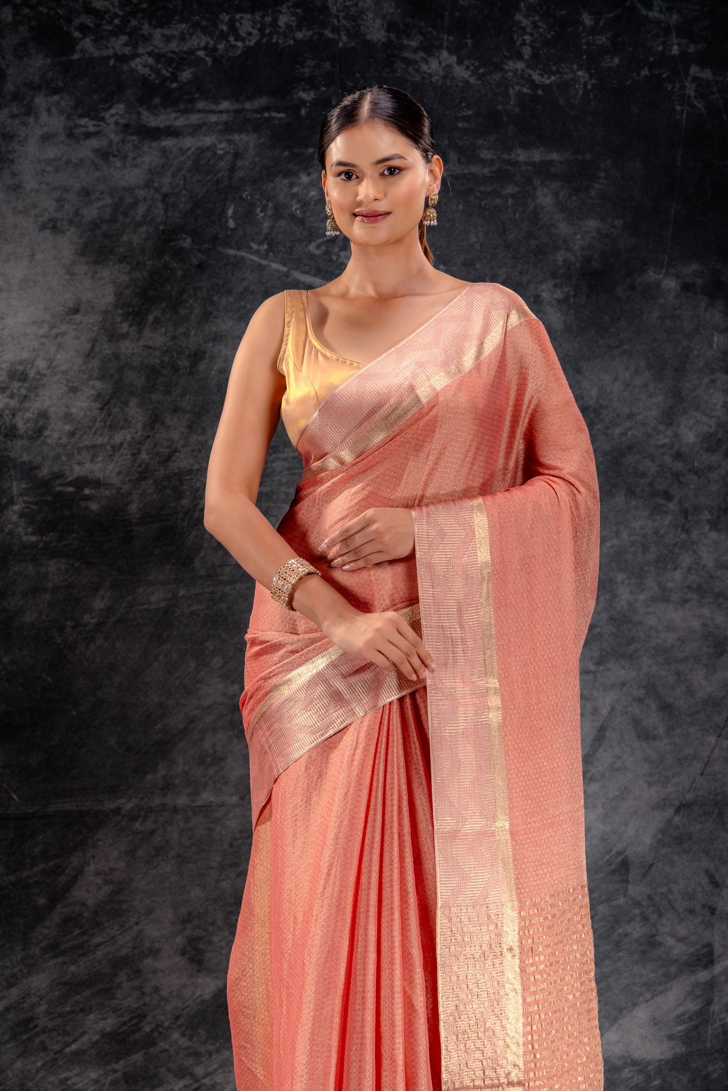 Honeycomb Tissue Saree in Blush Pink with Metallic Zigzag Zari Border
