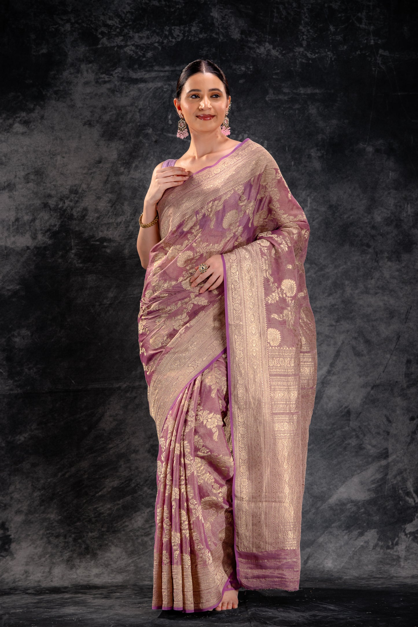 Dusty Mauve Tissue Saree with Zari Jaal Work and Contrast Border