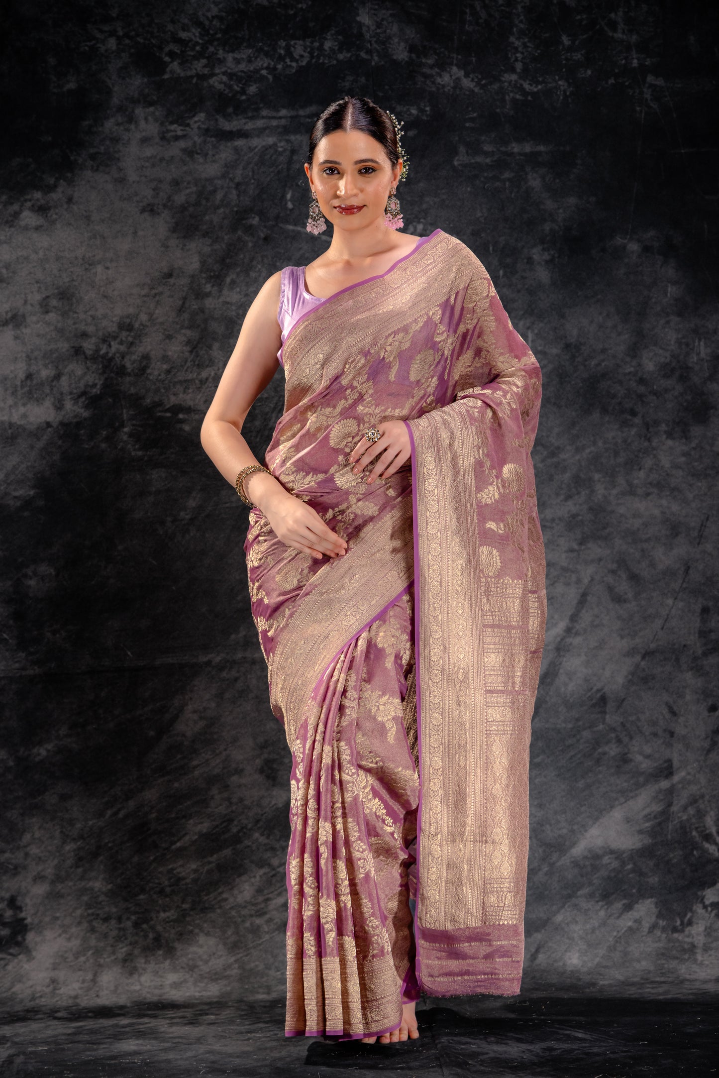 Dusty Mauve Tissue Saree with Zari Jaal Work and Contrast Border