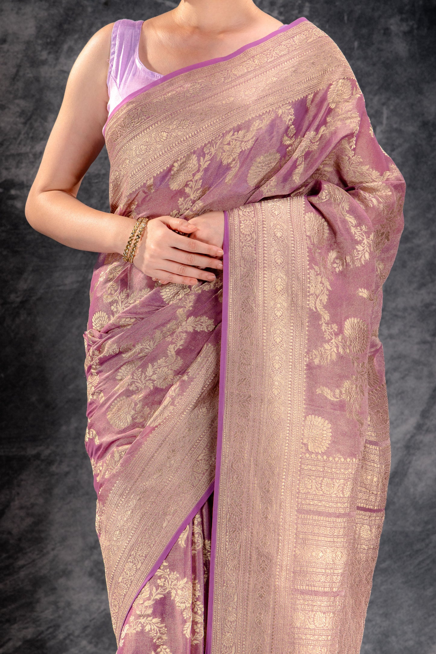 Dusty Mauve Tissue Saree with Zari Jaal Work and Contrast Border