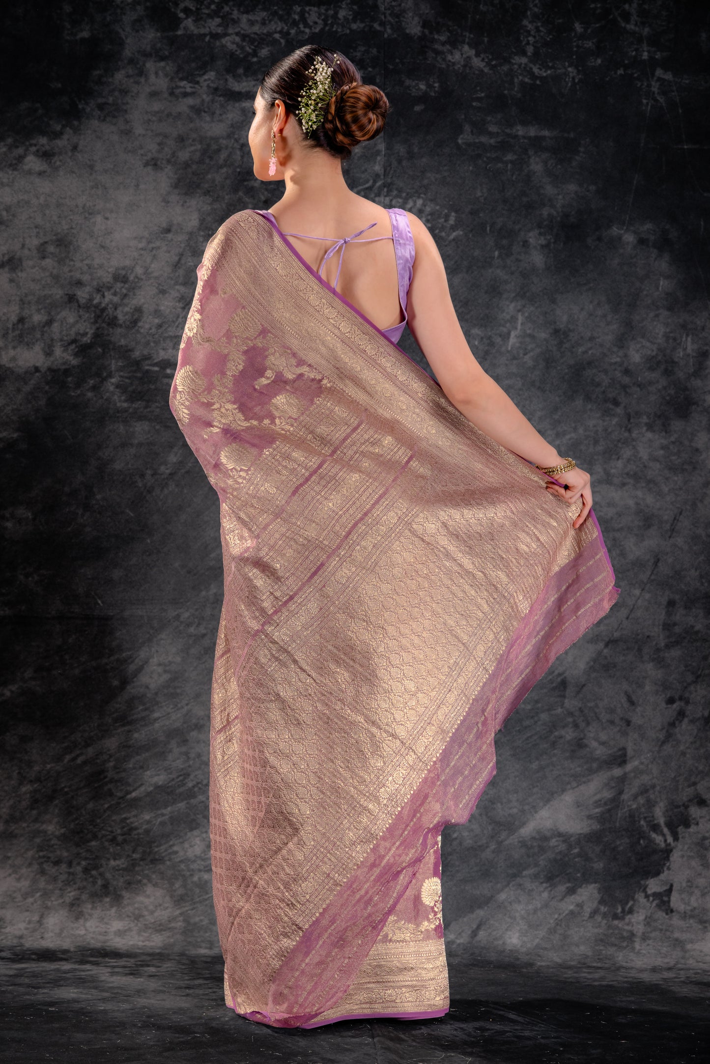 Dusty Mauve Tissue Saree with Zari Jaal Work and Contrast Border