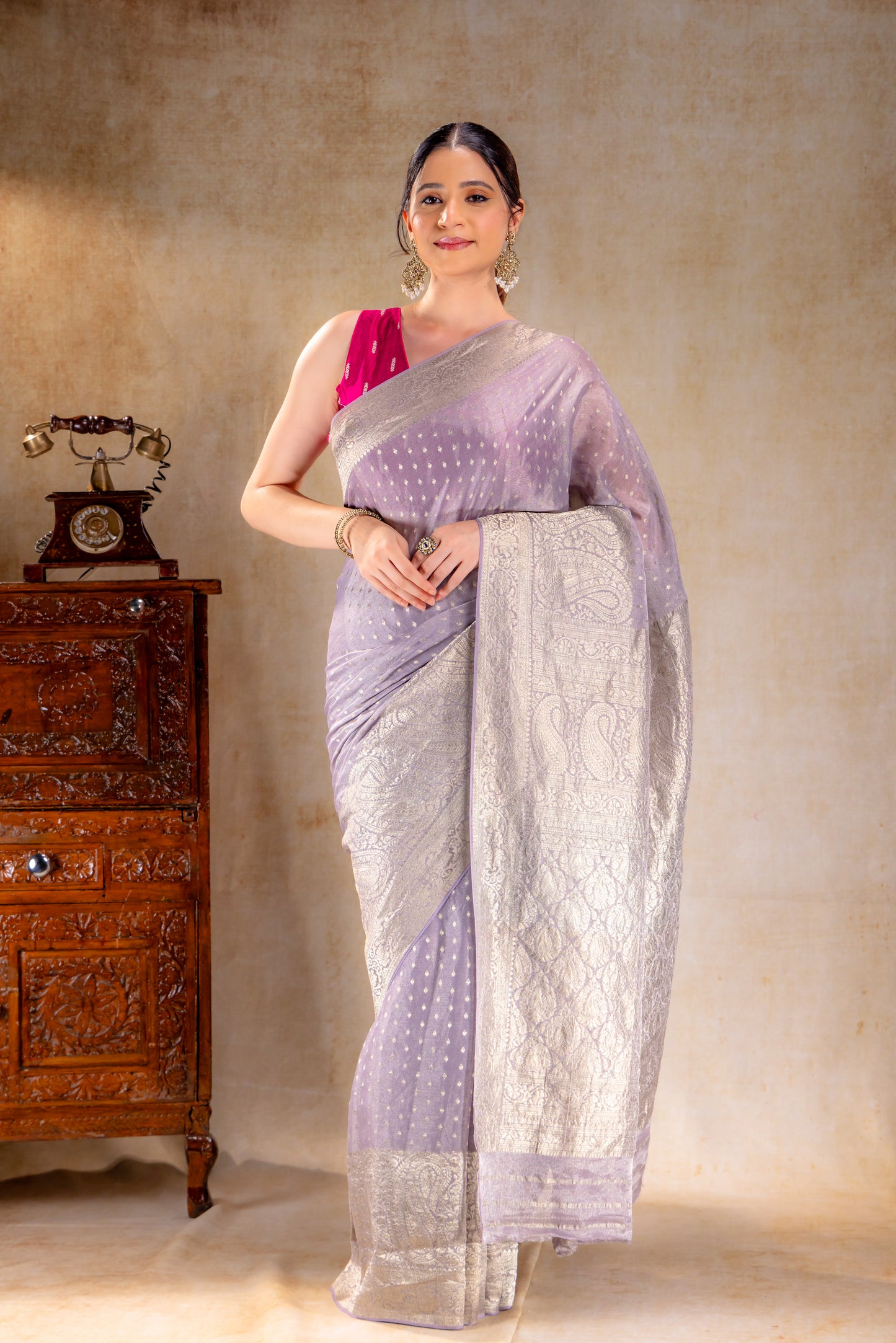 Pastel Lilac Tissue Saree with Rich Mango Motif Border and Gold Butta