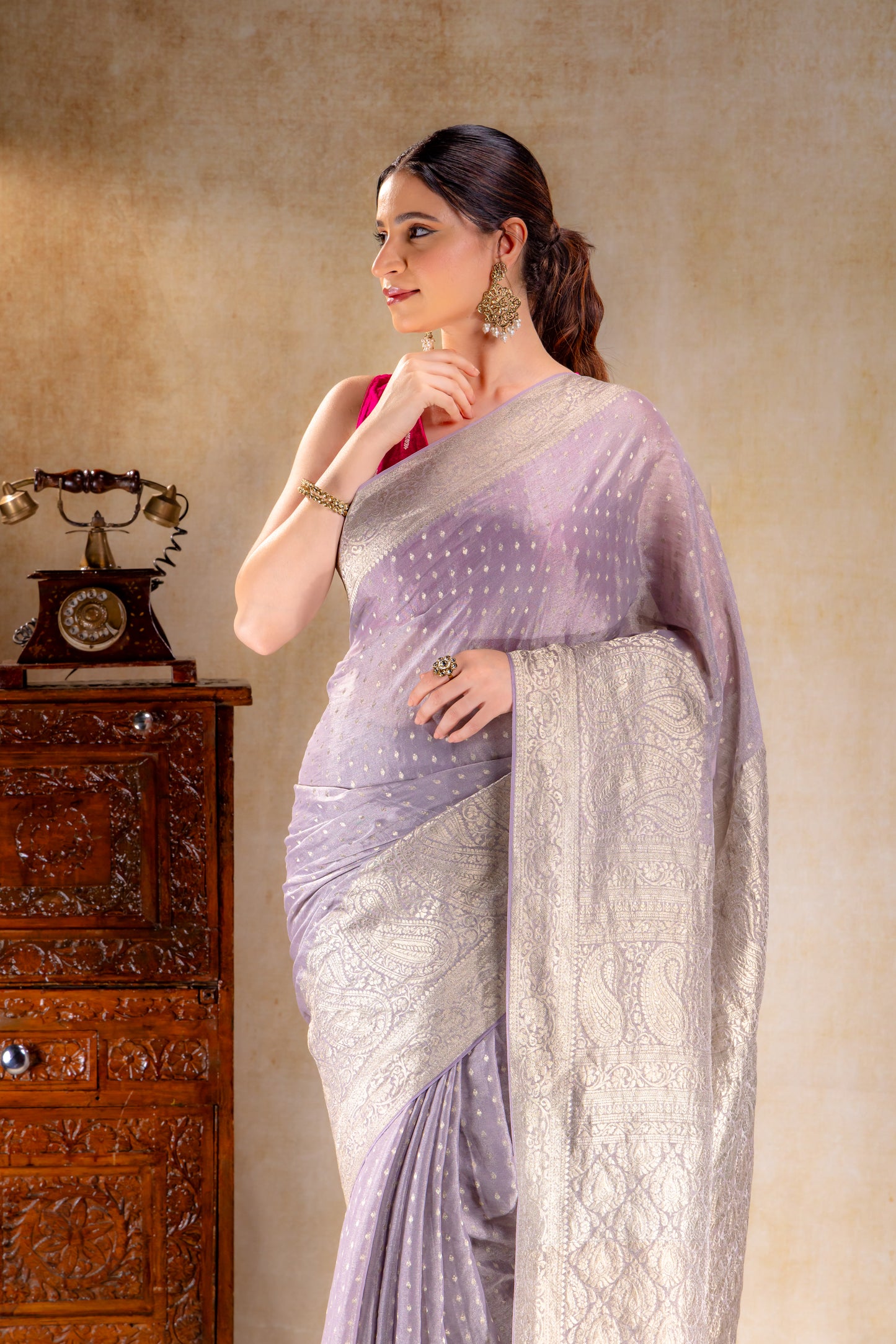 Pastel Lilac Tissue Saree with Rich Mango Motif Border and Gold Butta