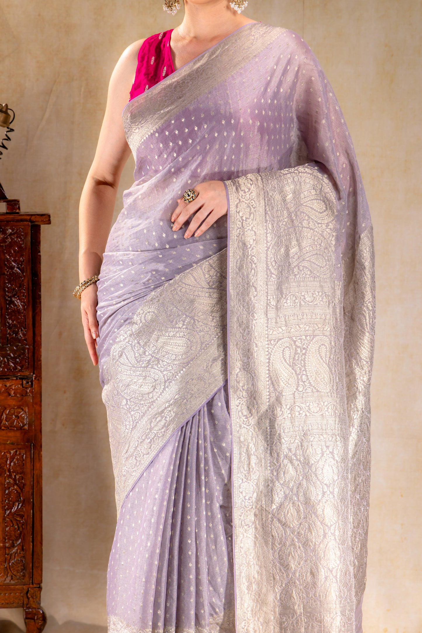 Pastel Lilac Tissue Saree with Rich Mango Motif Border and Gold Butta