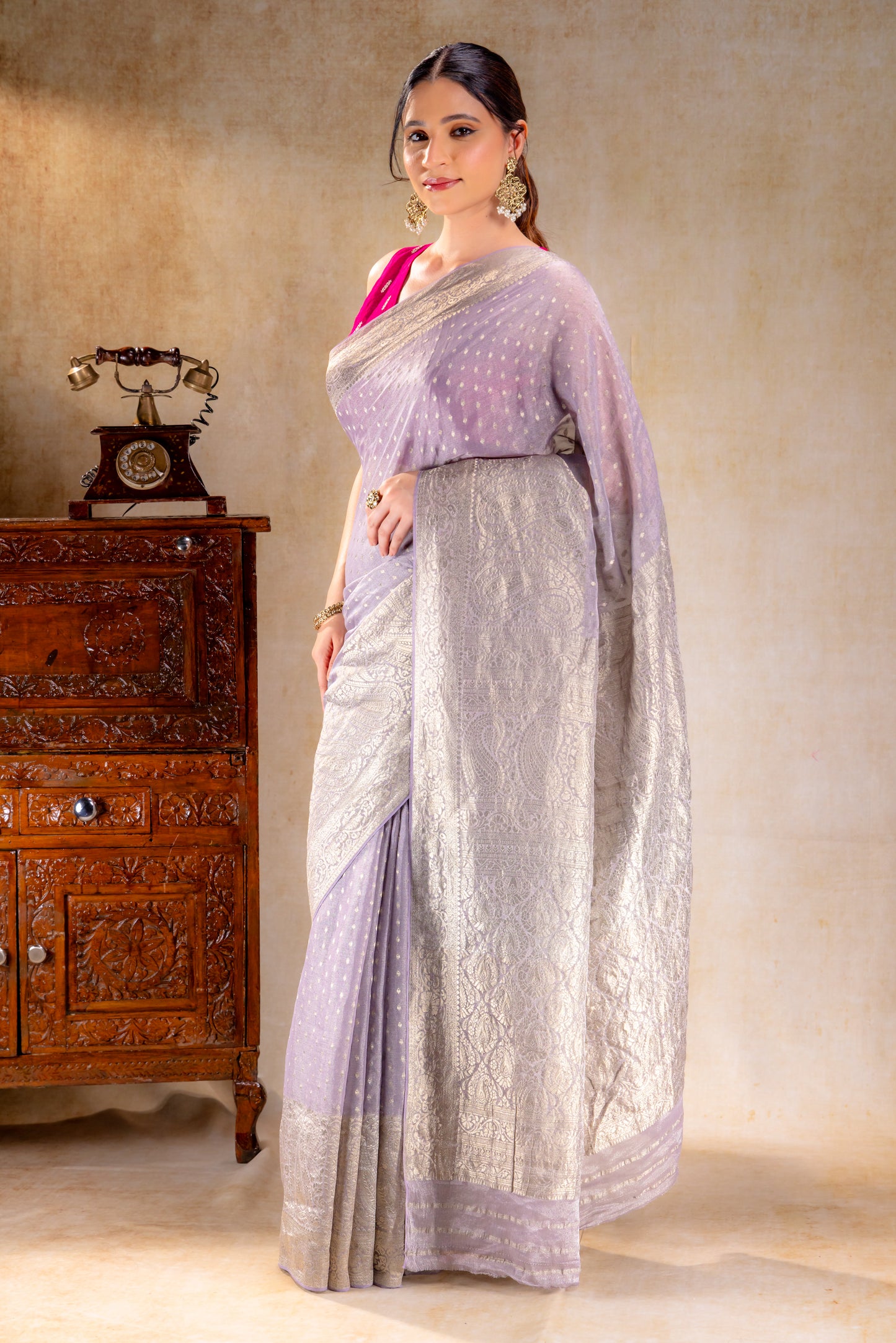 Pastel Lilac Tissue Saree with Rich Mango Motif Border and Gold Butta