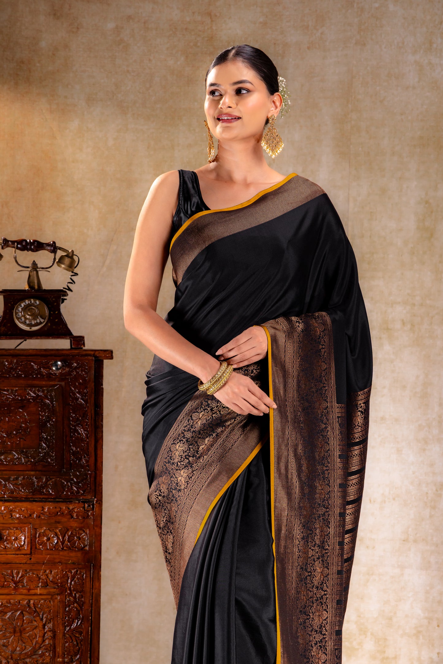 Black Crepe Silk Saree with Antique Zari Doble Peacock Border