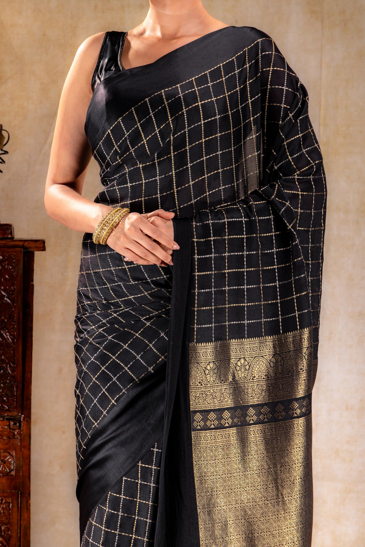 Charcoal Black Crepe Saree with Gold-Silver Check Lines with Satin Border