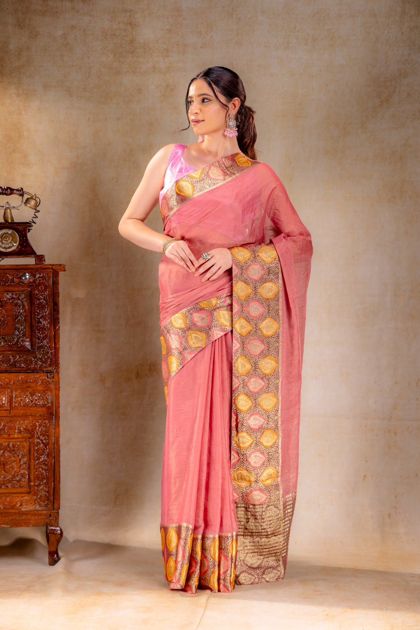 Dusty Rose Tissue Saree with Sunset Leaf Zari Border